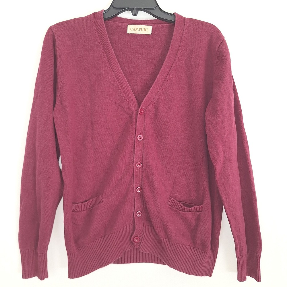 Retro Grunge Minimalist Cardigan Layering L Preppy Burgundy Cotton V-Neck